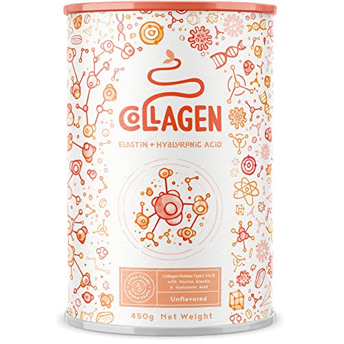 Collagen mit Marine Elastin und Hyaluronsäure - Kollagen Hydrolysat Peptide Type I, II und III - Optimale Löslichkeit und Bioverfügbarkeit - Geschmacksneutral - 450g Collagen Pulver