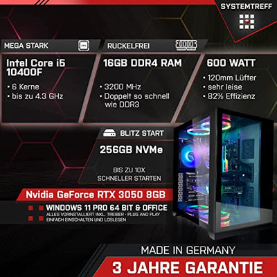 SYSTEMTREFF® Basic Gaming PC Intel Core i5 10400F 6x4.3GHz | Nvidia RTX 3050 8GB DX12 | 256GB M.2 NVMe | 16GB DDR4 RAM | Windows 11 | WLAN Desktop Computer Rechner für Gamer, Zocker & Streamer