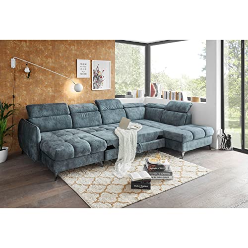 TOGO Wohnlandschaft in U-Form, Stoffbezug Smoke Blue - Ausziehbares Sofa mit Schlaffunktion, Bettkasten & verstellbaren Kopfteilen - 347 x 82 (99) x 221 cm (B/H/T)