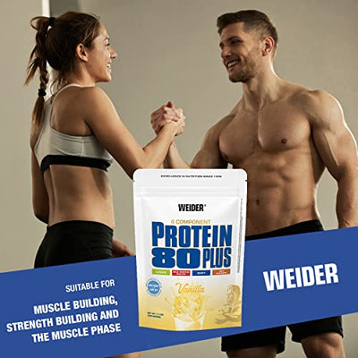 WEIDER Protein 80 Plus Mehrkomponenten Protein, Vanille, Eiweißpulver für cremige, unverschämt leckere Eiweißshakes, Kombination aus Whey, Casein, Milchprotein-Isolat und Ei, Fett- & Zuckerarm