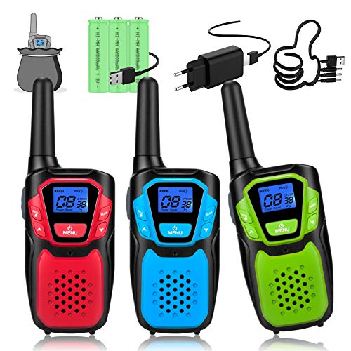 Topsung Walkie Talkie 3er Set，Woki Toki with Batteries and USB Charger, Clear Sound and Long Range for Camping Hiking Skiing and Outdoor Activity