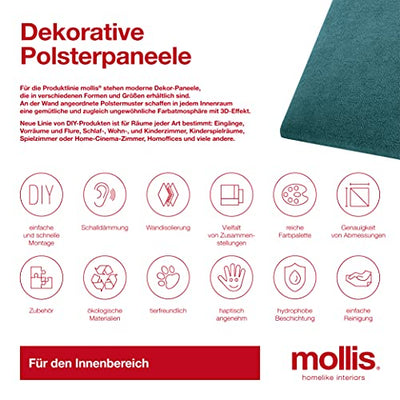 MOLLIS Polsterplatte, Rechteckiges und Dekoratives Wandpaneel, Geeignet als Bettkopfteil oder Aufprallschutz, Reduziert Schall und Verbessert Akustik, aus Schaumstoff, 60 x 15 cm, Türkis