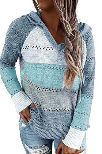 GOLDPKF Strickmantel Mit Kapuze Sportbekleidung Damen Pullover Damen Farbblock Kapuzenpullover Gestreift Hoodie Entspannt Sweatshirt mit Kapuze Lässiger Hohlpullover Blau M 40-42