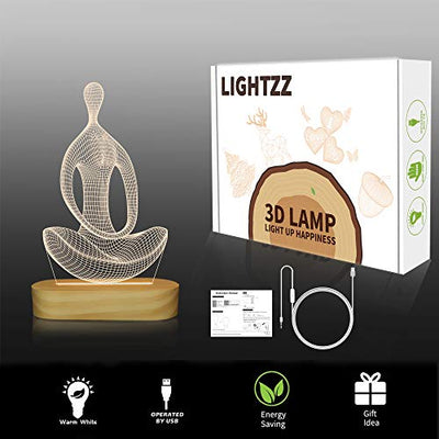 Yoga Lampe LED 3D Kunst Nachtlicht für Mädchen Frauen Meditation Liebhaber Geburtstagsgeschenke, USB Power Warme Farbe Holz Basis Tischlampen