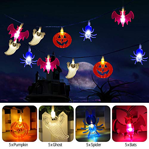 WUJUN Halloween-Lichterkette 2m 20LEDs, Kürbisse, Geister, Fledermäuse, Spinne, batteriebetrieben, Lichterkette für Fenster, Veranda, Treppen, Bar, Halloween, Dekorationen