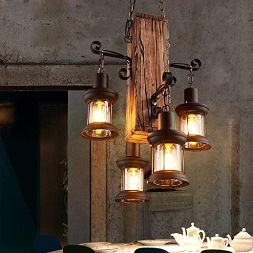 Retro Pendelleuchte Industrielle Loft Bar Hängeleuchte 4 Lichter,JOJOM Kreativ Persönlichkeit Wohnzimmer Esszimmer Schlafzimmer Studie Kronleuchter Vintage Antik Metall Glas Holz Dekorativer Hängelamp