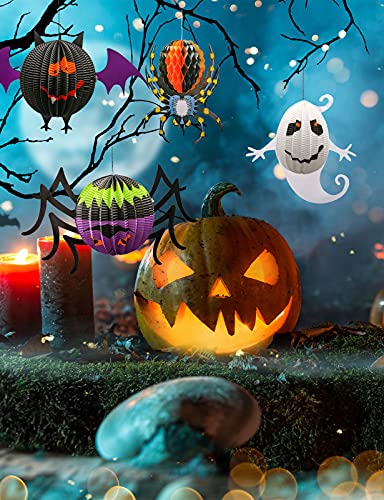 yumcute Hängende Halloween Papier Laternen Dekorationen, 4 Stück Faltbare Laterne Kinder Geister, Fledermäuse, Spinnen und Blumenspinnen Papierlaterne-Anhänger für Halloween-Party-Dekor