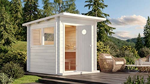 Polhus Gartensauna aus Holz Jorma, Outdoor-Sauna modern für 4 Personen, Außensauna Garten mit Panoramafenster aus Isolierglas, Saunahaus 239 x 288 x 227 cm, naturbelassen