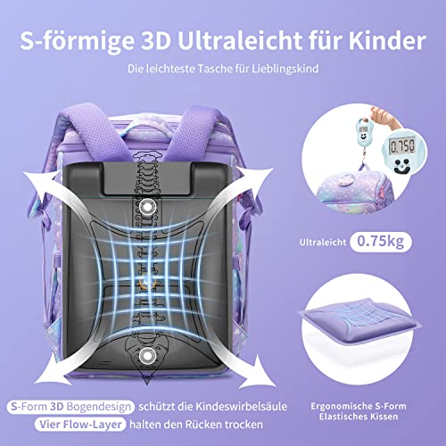 GMT for Kids Schulrucksack Set 5-teilig ergonomische leichte Schultasche für Grundschule Kinder mit Reflektoren, höhenverstellbare Hüftgurt Sicherheit, 22 L(Einhorn)