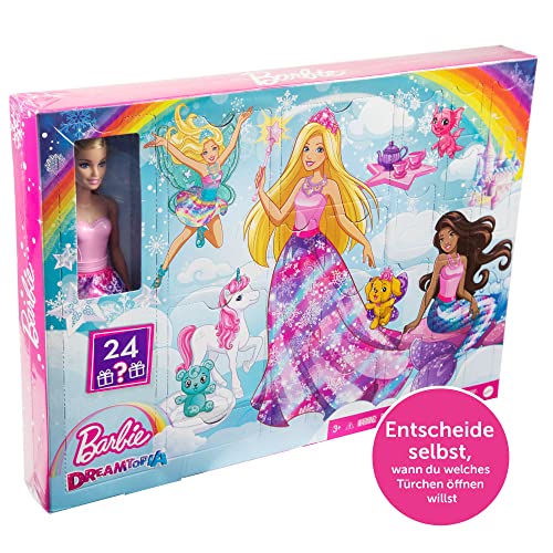 Barbie HGM66 - Dreamtopia Märchen-Adventskalender mit Barbie-Puppe und 24 Überraschungen, u. a. märchenhaften Outfits, Tieren und Zubehörteilen, für Kinder ab 3 Jahren