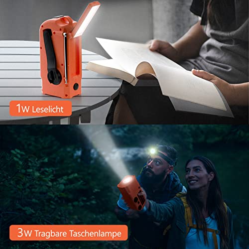 Linwtrid Solar Radio, Tragbar Kurbelradio Dynamo Radio mit AM/FM 5000mAh Akku Wiederaufladbare Powerbank Notfall-Radio LED Taschenlampe Leseleuchte für Wandern, Camping, Ourdoor, Notfall （Orange）