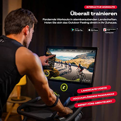 sBike Smart Indoor Cycling Bike, 21,5“ Touch Display, LED + Live & On Demand Kurse inkl. 1 Jahr Premium Mitgliedschaft im Wert von 360€ + großem Zubehör Bundle | Heimtrainer Sportstech Fitness Bike