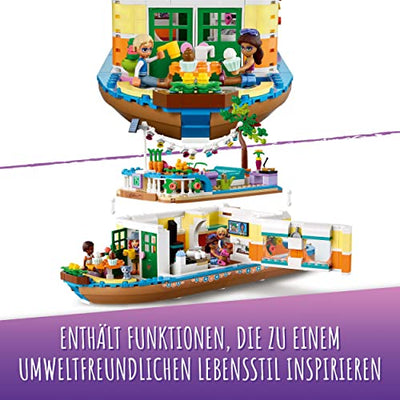 LEGO 41702 Friends Hausboot, Spielzeugboot für Jungen und Mädchen ab 7 Jahren mit Garten, 4 Mini-Puppen und Tierfigur, von Natur inspiriertes Geschenk