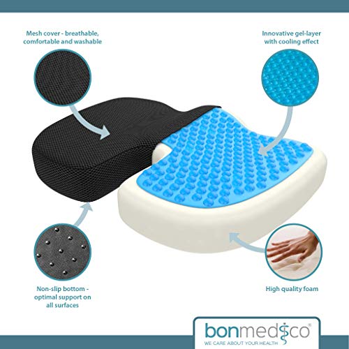 bonmedico Sitzkissen orthopädisch - Memory Foam Gel Steißbeinkissen - Ergonomisches Sitzkissen für Auto & Bürostuhl, Rollstuhlkissen - Wellness Weihnachtsgeschenke - Schwarz Netz (Standard)