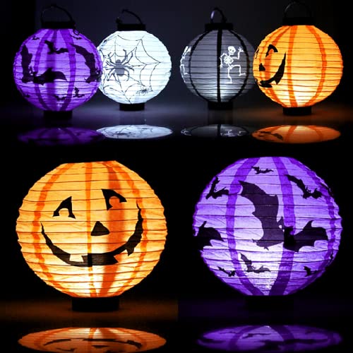 Chimoo Halloween Laterne,4 Stück Led Papierlaterne Batterie Halloween Papier Lampion für Kinder Rund 3D Faltbar Lampenschirm Papier Lampions Ideal für Outdoor/Junge Mädchen Kinder/Partydekorationen