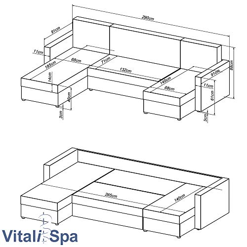 VitaliSpa Wohnlandschaft King Size 290 x 140 cm Weiß Grau - Sofa mit Schlaffunktion Schlafsofa Couch Bettfunktion Taschenfederkern Polsterecke