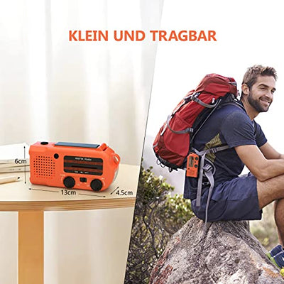 Linwtrid Solar Radio, Tragbar Kurbelradio Dynamo Radio mit AM/FM 5000mAh Akku Wiederaufladbare Powerbank Notfall-Radio LED Taschenlampe Leseleuchte für Wandern, Camping, Ourdoor, Notfall （Orange）