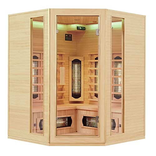 Artsauna Eck-Infrarotkabine Nyborg E150V - Infrarotsauna 150x150 cm Vollspektrumstrahler für 4 Personen - LED-Farblicht - Wärmekabine aus Hemlockholz