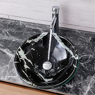 Waschbecken aus gehärtetem Glas, Hotel, künstlerisches Waschbecken, Aufsatzwaschbecken, rundes Toilettenbecken, Waschbecken (Color : White) (Black)