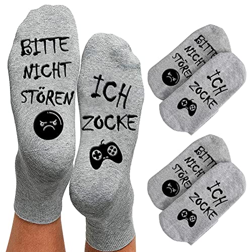 Gaming Socken Geschenke für Gamer 2 Paar, Zocken Socken mit Spruch bitte nicht stören ich zocke Lustige Socken, Baumwollsocken Haussocken Wintersocken Weihnachtsgeschenke für Frauen Herren