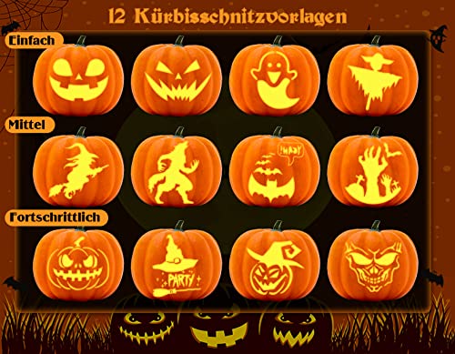 Kürbis Schnitzset, 28Stck Halloween Kürbis Schnitzset mit Vorlagen Professionelles Kürbis Schnitzmesser für Kinder Hohe Qualität Edelstahl Kürbis Schneidzubehör