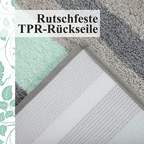 Homaxy rutschfest Badematten Set 2 teilig Mikrofaser Saugfähige Badteppich Set Weich Hochflor Badvorleger Set –40 x 60 cm + 40 x 120 cm, Grün/Grau