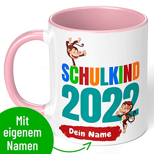 Geschenk zur Einschulung für Mädchen und Jungen: personalisierte Tasse "Schulkind 2022" mit Namen (Rosa)