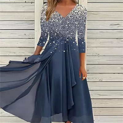 Damen Chiffon Kleider Lässig Mode Patchwork Unregelmäßiger Saum Tunikakleid Blumendruck V-Ausschnitt Lange Ärmel Abendkleider Lange Eleganter Ballkleid Partykleid Midikleid Wickelkleid