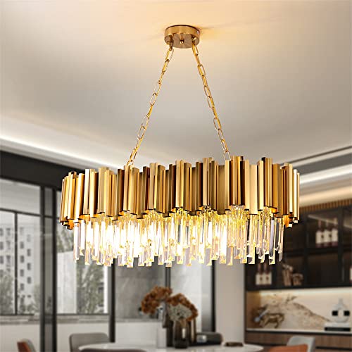 Modern Kristall Pendelleuchte Gold Kronleuchter, Rund Kristall Hängeleuchte, Häengelampe für Wohnzimmer, Esszimmer, Schlafzimmer, Restaurant, E14 x 8,  80 x 35 cm