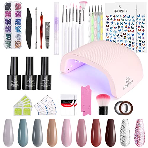 Gel Nagellack Set mit UV Lampe, Kastiny 10 Farben gelnägel starterset mit Top&Base Coat, 72W LED Shellac Set Rosa Clear Strass Glitter, Weihnachtsgeschenke für Frauen