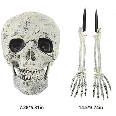 Halloween-Dekorations-Set, 4 PCS gefälschter Skelettkopf + Hände + grüne Lichterketten, realistische Skelett-bewegliche Dekoration, gruselige gefälschte Kopf Handknochen für Outdoor Halloween Party