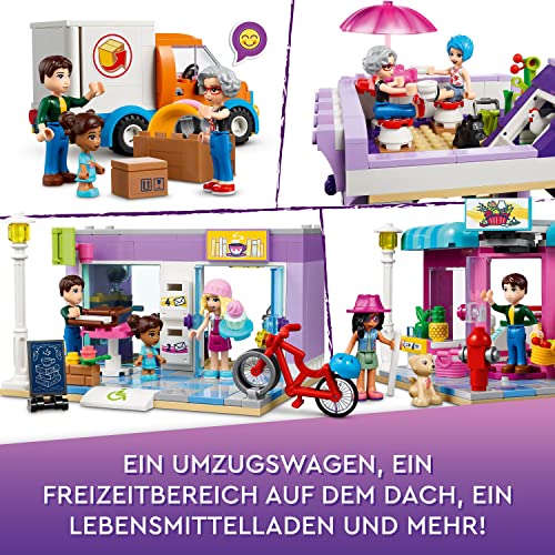 LEGO 41704 Friends Wohnblock in Heartlake City mit Friseursalon und Café, Puppenhaus mit 7 Minipuppen, Hausmodell mit Wohngebäuden, Geschenkidee Weihnachten