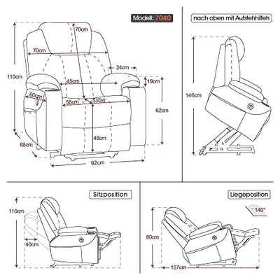 M MCombo elektrisch Aufstehhilfe Fernsehsessel Relaxsessel 7040 Massage Heizung elektrisch verstellbar USB-Anschluss (Grau-Stoff)