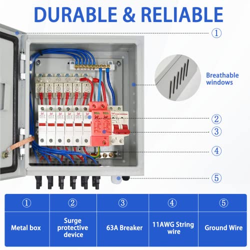 Simmpatuu 6-saitige PV-Kombinationsbox & 63 A Leitungsschutzschalter für Solarpanel-Gitter und netzunabhängiges Solarstromsystem,Solar-Anschlusskasten für Solarpanelsystem