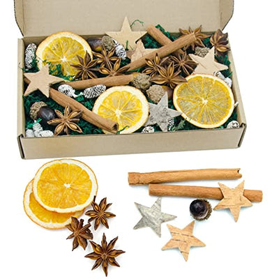 52 StüCk Potpourri Weihnachten Set, Weihnachtsdeko Basteln mit Zimtstangen, Orangenscheiben Getrocknet, Moos, Sternanis, Birkenscheibensternen, Tannenzapfen, Eicheln, Weihnachtsdeko Adventskranz Deko