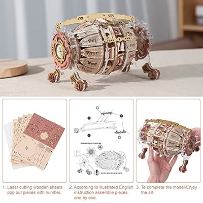 Robotime 3D Holz Mechanisches Puzzle Modellbausätze 250PCS Steampunk Barrel Time Clock Kalender Baukasten DIY Modell BAU Holz Kits zum Erwachsene