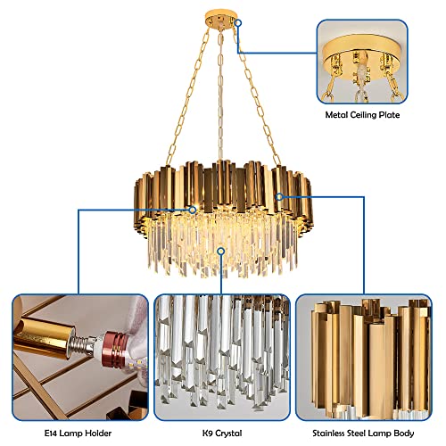 Modern Kristall Pendelleuchte Gold Kronleuchter, Rund Kristall Hängeleuchte, Häengelampe für Wohnzimmer, Esszimmer,Schlafzimmer, Restaurant, E14 x 8,  Ø60 cm