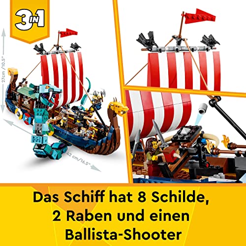 LEGO 31132 Creator 3in1 Wikingerschiff mit Midgardschlange, Set mit Schiff, Haus, Spielzeug-Wolf und Tier-Figuren, Geschenk zu Weihnachten für Kinder