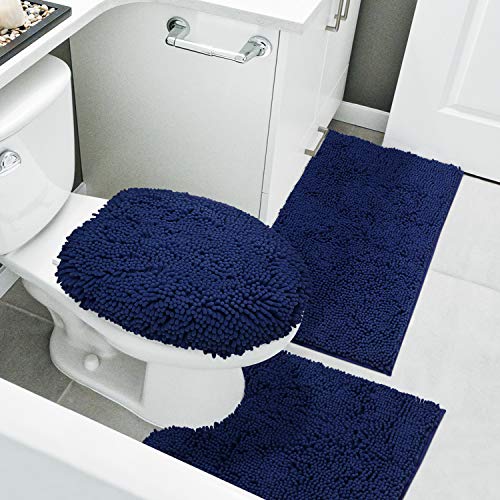 HOMEIDEAS 3 Teilig Badteppich Set, Badematte+Toilettendeckel+ U-förmiger Kontur Toilettenmatte, Rutschfesten Badteppichen für Bad, Badewanne, Dusche und maschinenwaschbar, Navy Blau