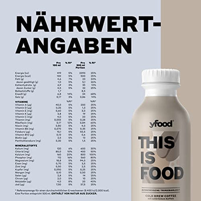 yfood Drink Cold Brew Coffee, Leckere Trinkmahlzeit für unterwegs, THIS IS FOOD Drink, 33g Protein, 26 Vitamine und Mineralstoffe, 12 x 500ml, Geschmack Kaffee