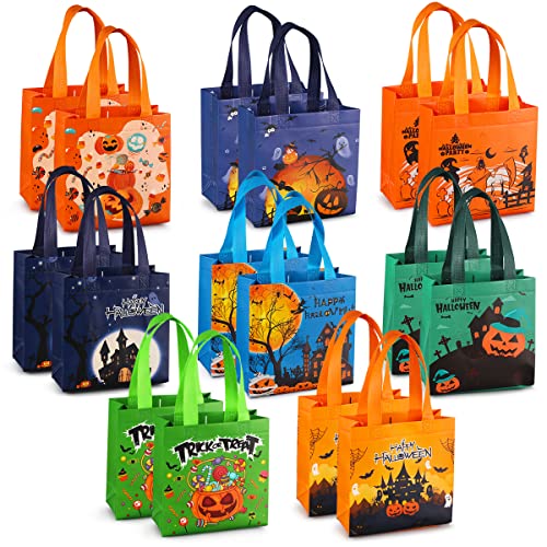 16 Stück Halloween Trick or Treat Taschen, Halloween Tragetaschen mit Griffen, Geschenktüten, multifunktionale Non-Woven Halloween Taschen zum Verpacken von Geschenken, Halloween Party Zubehör