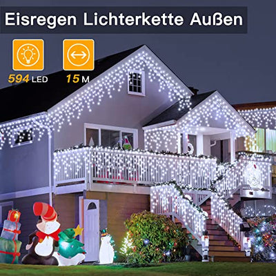 Weihnachtsbeleuchtung Außen - Ollny 15M 594 LED Eisregen Lichterkette Außen mit Fernbedienung Wasserdicht 8 Leuchtmodi Lichterkette Außen weiß für Balkon Fenster Haus Pavillon Terrasse Weihnachtsdeko