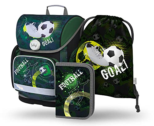 Baagl Schulranzen Jungen Set 3 Teilig, ERGO Schultasche ab 1. Klasse, Ergonomische Grundschule Ranzen mit Brustgurt (Fussball)