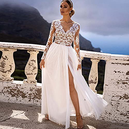 Damen Elegantes V-Ausschnitt Abendkleid, Damen Langarm Aushöhlen Spitze Perspektive Kleid Für Party Hochzeit Cocktail