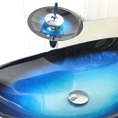 HomeLava Modern Hartglas-Waschbecken Set Glas Oval Blau Schwarz mit Wasserfall-Wasserhahn, Abfluss und Montagering