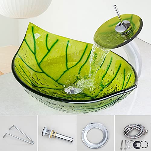 Green Leaf Waschbecken Wasserhahn Set aus gehärtetem Glas Schiff Vanity Green Leaf Form Becken Waschbecken Wasserfall Wasserhahn