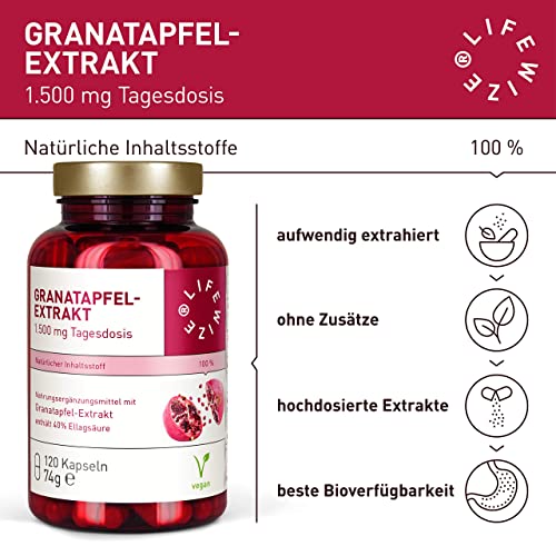 LifeWize® Granatapfel Extrakt Kapseln - 40% Ellagsäure (20:1 Extrakt) - 1500 mg Hochdosiert pro Tagesdosis - 120 Kapseln - Vegan & ohne unerwünschte Zusätze