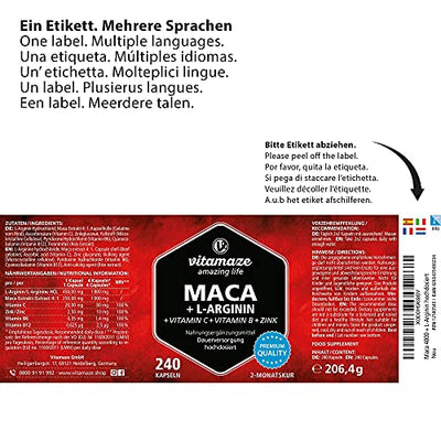 Maca Kapseln hochdosiert 4000 mg + L-Arginin + Vitamine + Zink, 240 Kapseln mit 4000 mg Pulver aus der Maca Wurzel für 2 Monate, Pflanzliche Nahrungsergänzung ohne Zusätze, Made in Germany