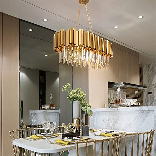 Modern Kristall Pendelleuchte Gold Kronleuchter, Rund Kristall Hängeleuchte, Häengelampe für Wohnzimmer, Esszimmer, Schlafzimmer, Restaurant, E14 x 8,  80 x 35 cm