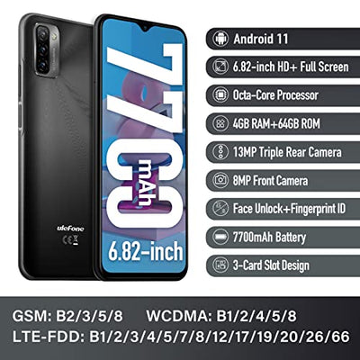 7700mAh Ulefone Note 12P Handy ohne Vertrag 2022 OTG Reverse Charge 6,82-Zoll Android 11 OS Smartphone, Octa-Core 4+64GB/SD-128GB,3-Kartensteckplatz, Schlanke Struktur 4G Dual SIM Handy (Schwarz)